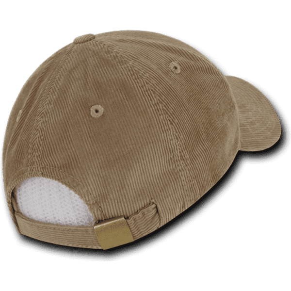 A low profile structured cap in a tan corduroy fabric, featuring a logo and mesh backing.