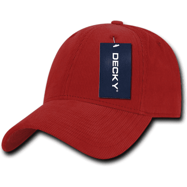 A red corduroy cap featuring a curved peak and a branding tag attached to the front.