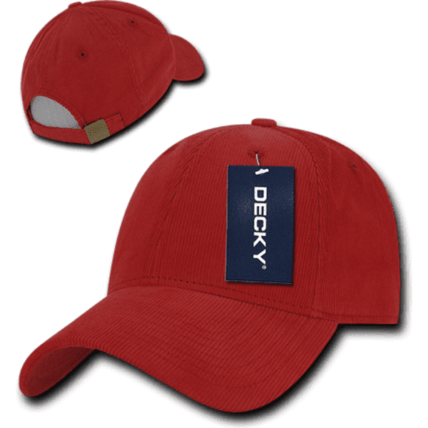 A red 6 Panel Low Profile Structured Cap with a tag and a visible logo.