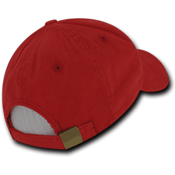 A red 6-panel low profile structured cap featuring a back strap and a logo.