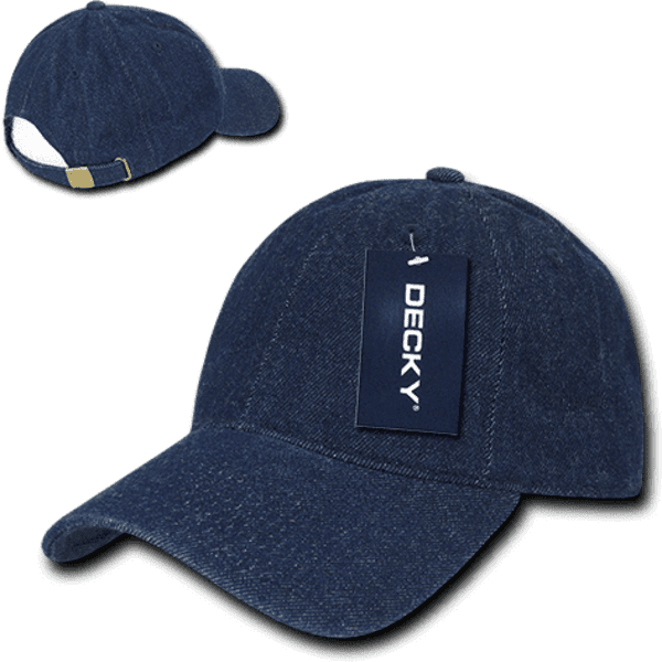 A 6-panel low profile relaxed cap in denim blue with a logo and a tag attached.