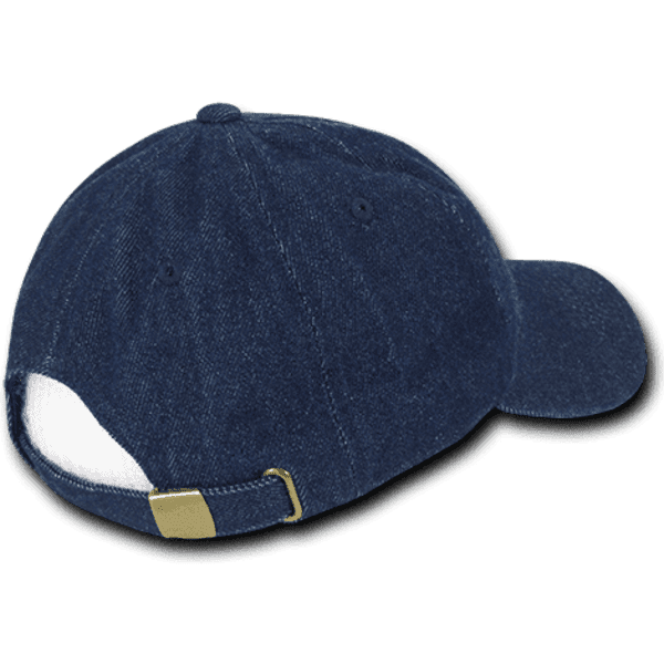 A navy blue 6 panel low profile relaxed cap with a metal clasp at the back and a logo on the side.