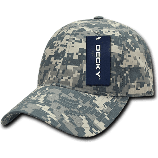 A grey camo 6 panel low profile relaxed dad hat with a branded tag on the front.