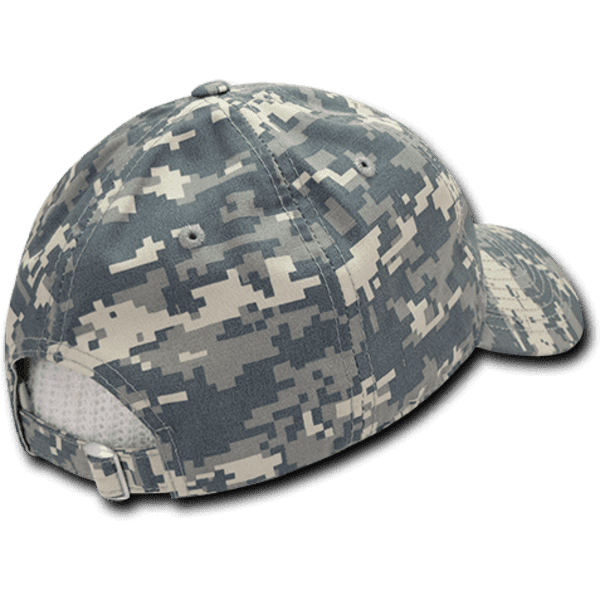 A camouflage-patterned 6 Panel Low Profile Relaxed Dad Hat featuring a logo at the back.