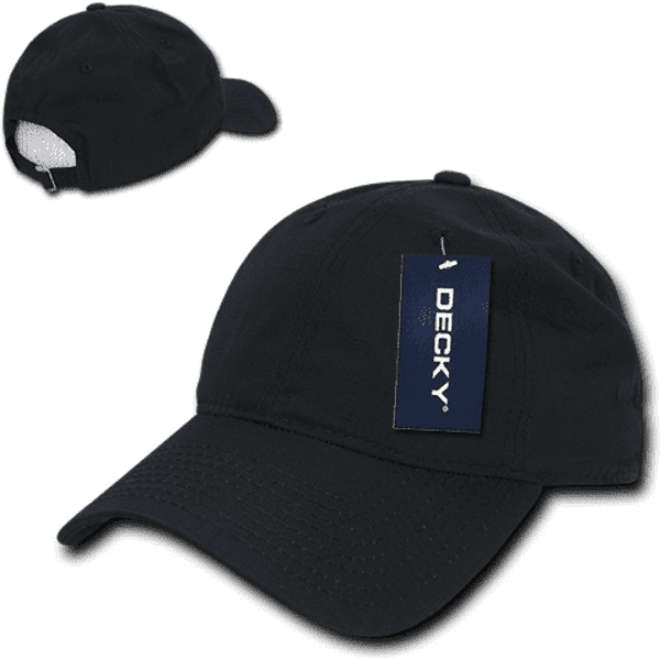 A black six-panel low-profile relaxed dad hat with a branded tag attached.