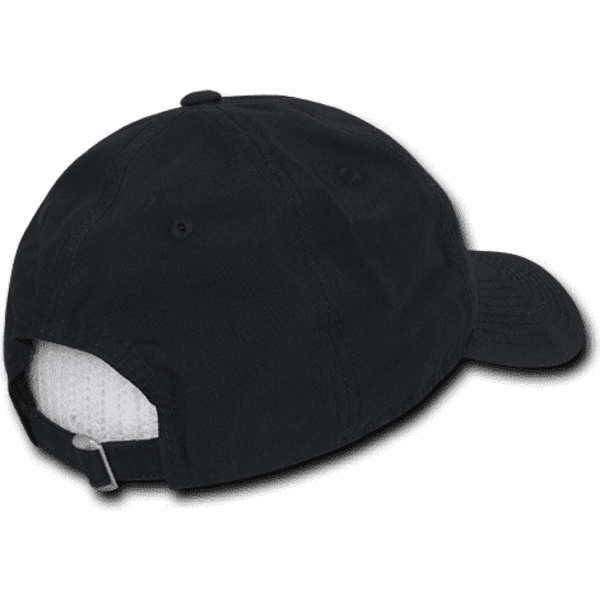 A black 6 panel low profile relaxed dad hat with an adjustable strap at the back and a smooth texture.