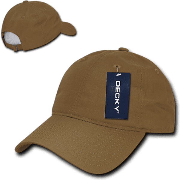 A brown six-panel low profile relaxed dad hat with a logo and a tag attached.