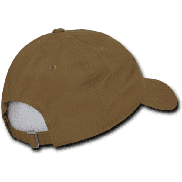 A brown six-panel low profile relaxed dad hat with an adjustable strap at the back and a logo on the side.