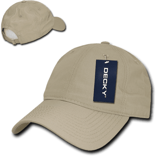 A khaki 6 panel low profile relaxed dad hat with a tag and a logo. Features a curved brim and mesh back.