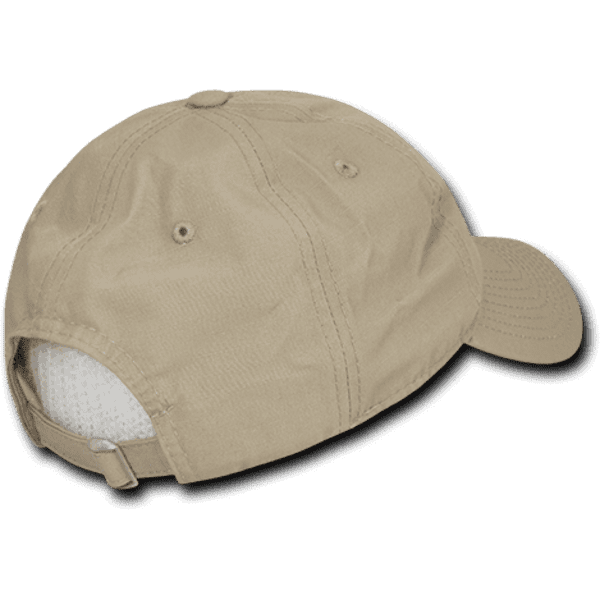 A beige 6 panel low profile relaxed dad hat with a rear adjustable strap and ventilation eyelets.