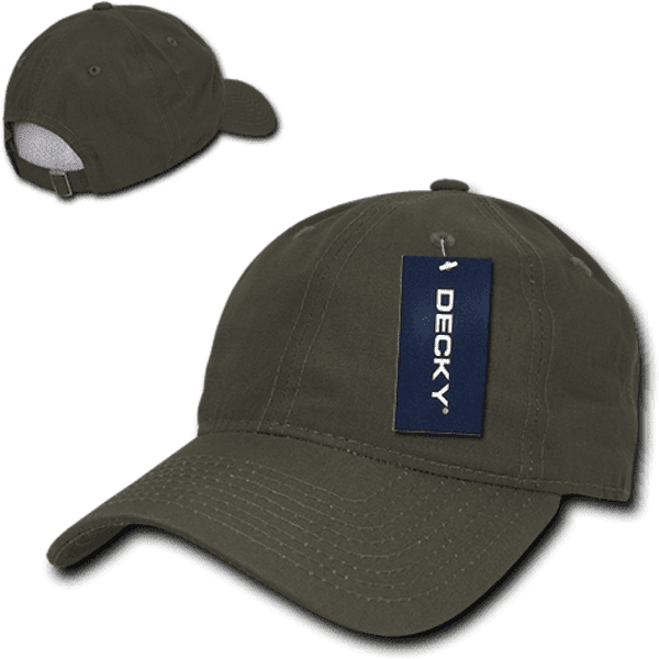 An olive green 6 panel low profile relaxed dad hat with a logo and price tag attached.