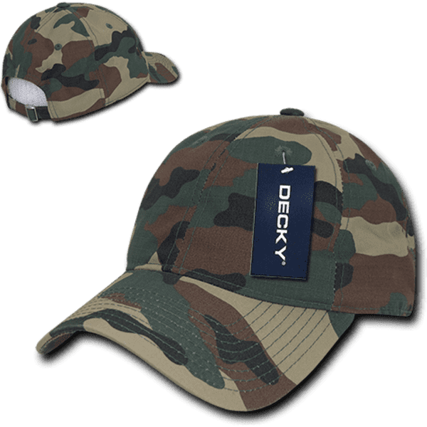 A camouflage 6 panel low profile relaxed dad hat featuring a branded tag, shown from multiple angles.