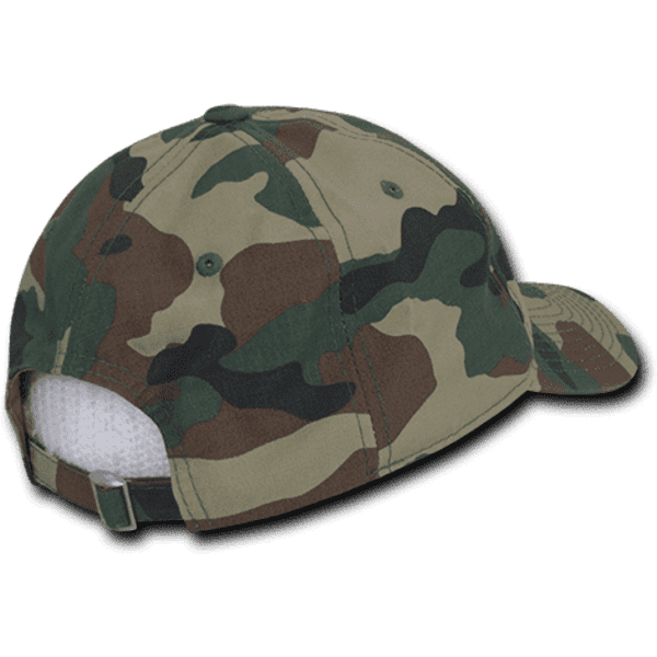 A camouflage 6 panel low profile relaxed dad hat, featuring a rear adjustable strap and a logo.