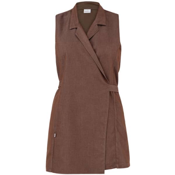 A sleeveless brown pinafore dress with a wrap design and a tie waist. It features a branding logo.