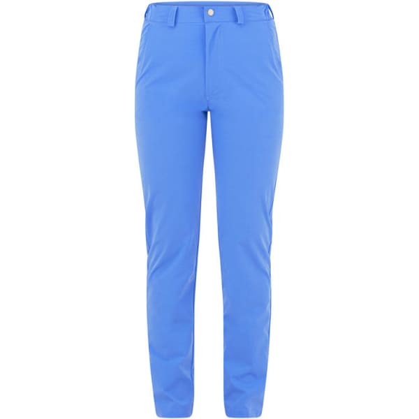 A pair of blue trousers with a button closure and pockets. The fabric appears lightweight and smooth.