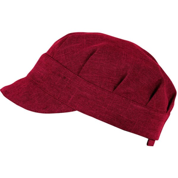 A maroon hat featuring a flat brim and a structured design, with pleated details and a small adjustable strap.