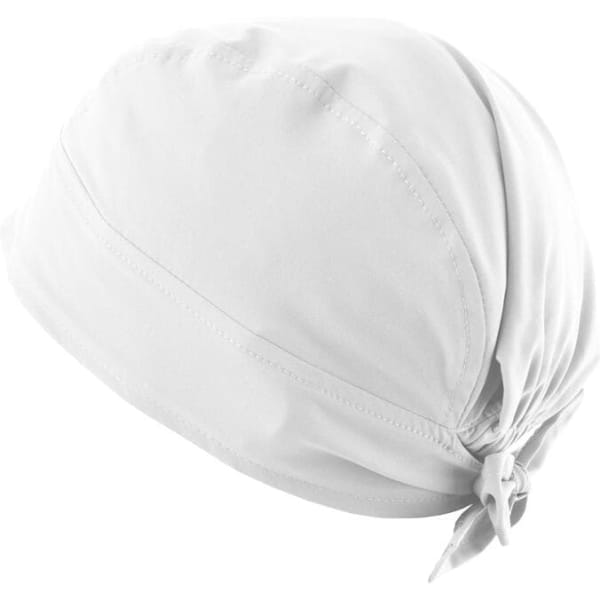 A white bandana with a tied back design, featuring a branded logo.