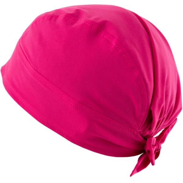 A bright pink bandana with a tied knot at the back, featuring a smooth fabric texture and a logo.