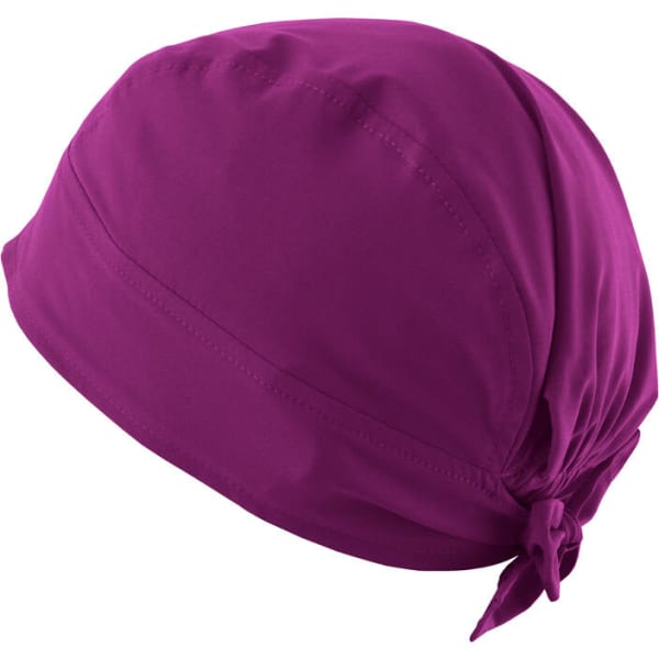 A purple bandana with a tied back design, featuring a smooth and breathable fabric. It has a branding logo.