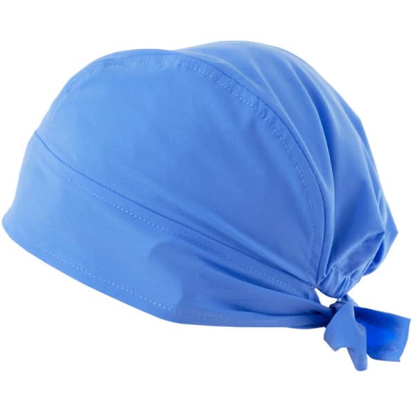 A blue bandana with a tied back design, featuring a smooth fabric and a subtle logo.
