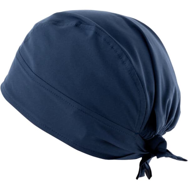 A navy blue bandana with a tied design, made from a smooth fabric. It features a branding logo.