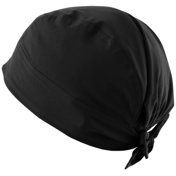 A black bandana with a tie closure, featuring a smooth fabric and a stylish design. It has a logo on it.