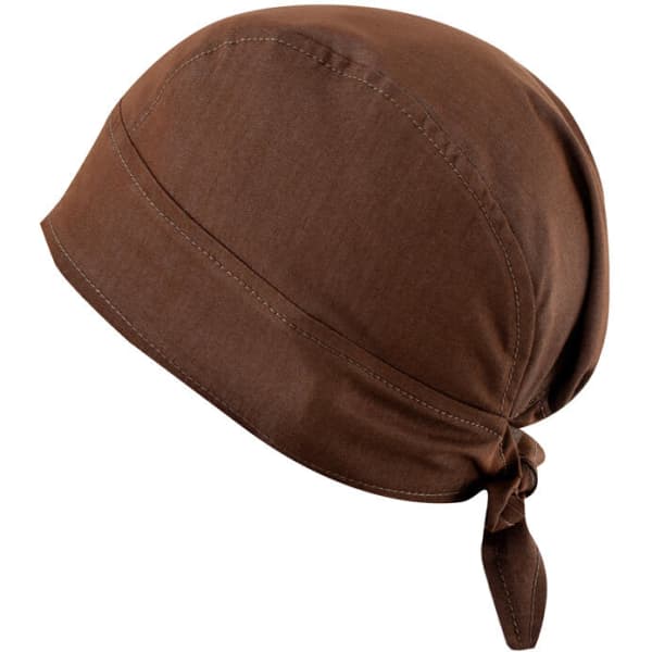 A brown bandana with a smooth finish and a tied closure at the back, featuring a small logo.