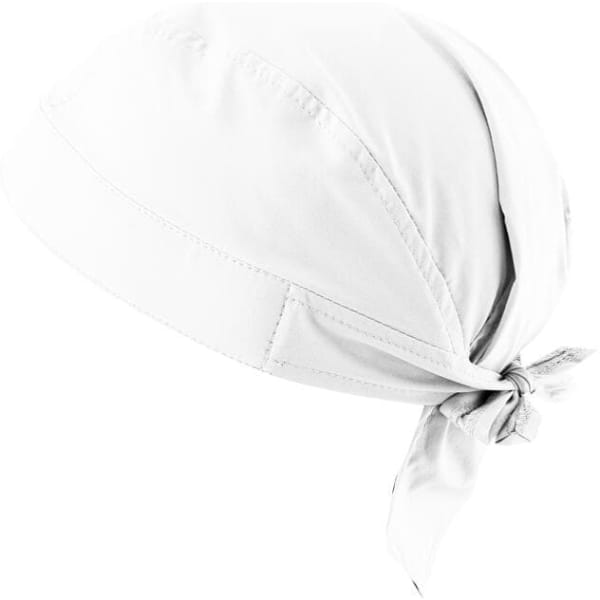 A white bandana with a tied back design, featuring a smooth fabric and a branding logo.