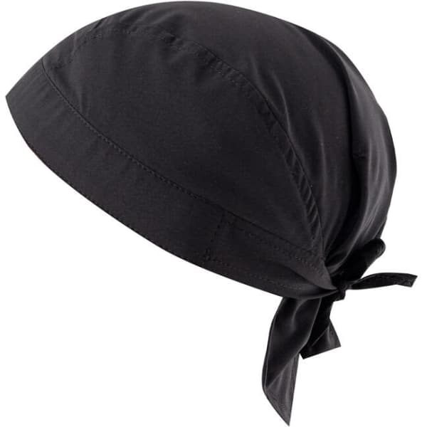 A black bandana with a tied back design, made from smooth fabric. Features a simple, stylish look.