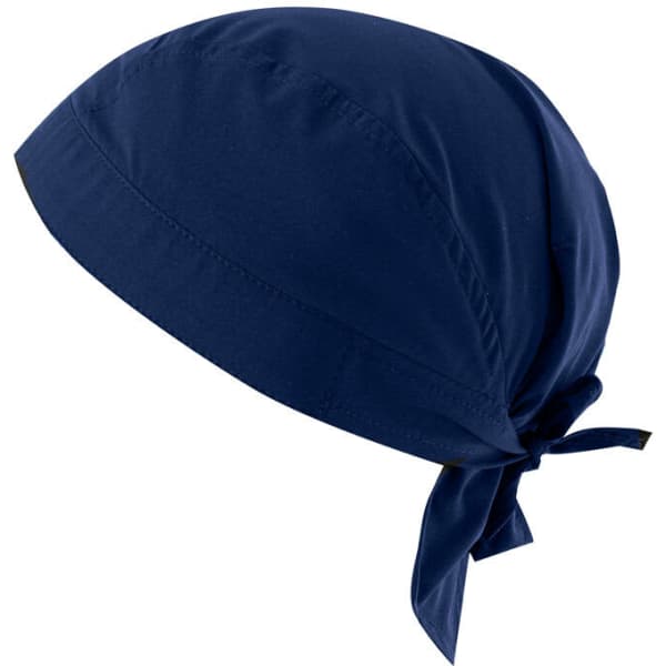 A navy blue bandana with a tied back design and a smooth, lightweight fabric. Features a branding logo.