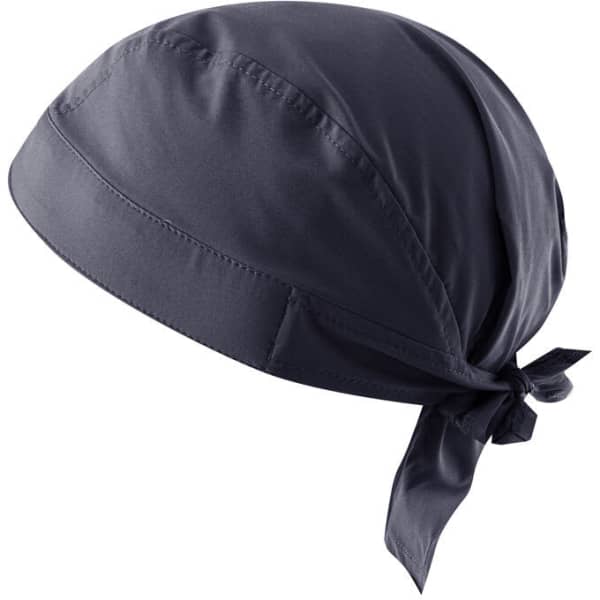 A dark blue bandana with a tied back design, made from a smooth fabric. It features a logo on the side.