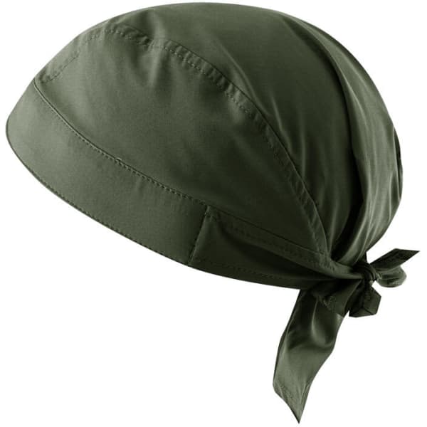 An olive green bandana with a tie closure, made from smooth fabric and featuring a simple design.