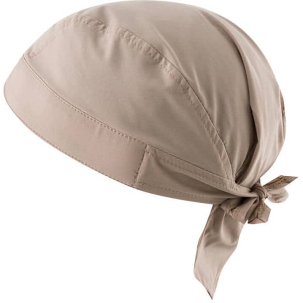 A beige bandana featuring a tied design, made from a soft fabric, with a logo on the side.