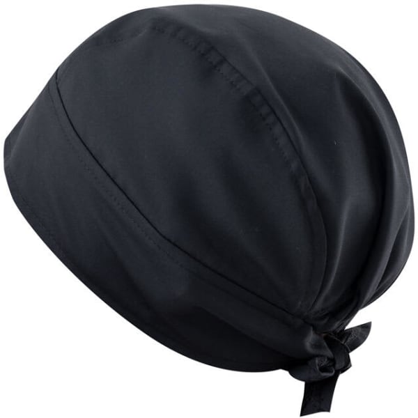A black bandana featuring a tied back design and a smooth finish, with a logo displayed subtly.