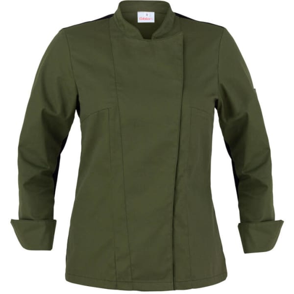 An olive green Agata Jacket with a minimalist design, featuring long sleeves and a folded collar.