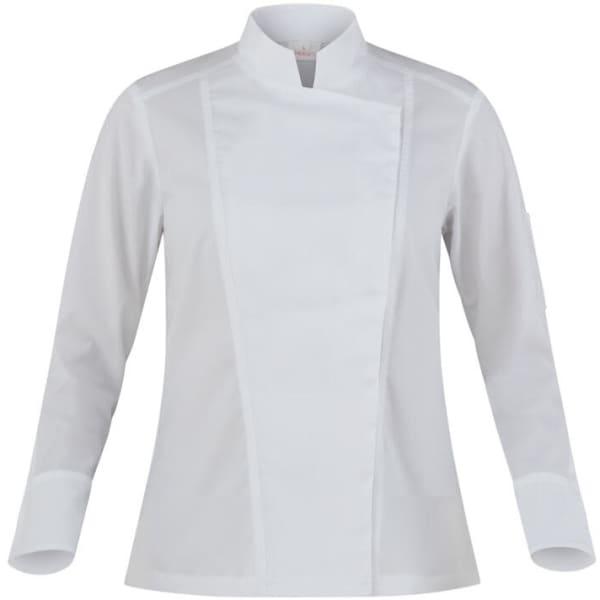 A white chef jacket with a mandarin collar and long sleeves, featuring a logo on the arm.