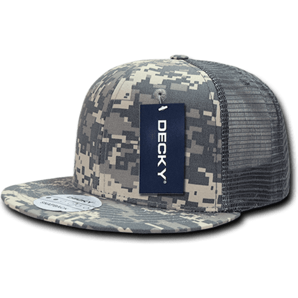 A six-panel high-profile structured trucker cap in camouflage colours with a mesh back and a branding label.