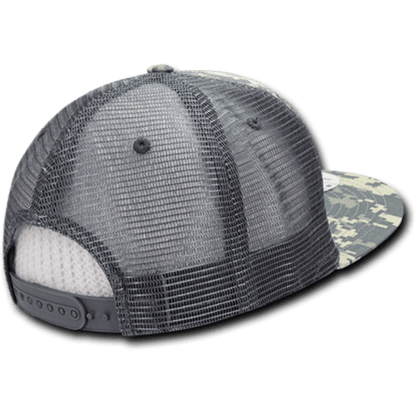 A high-profile structured trucker cap in grey with a camouflage pattern and a mesh back. Features an adjustable strap.