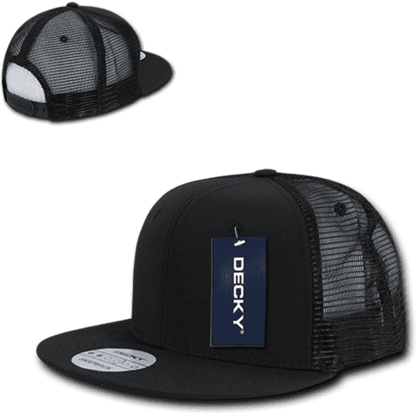 A black high-profile structured trucker cap with a mesh back and a logo label.