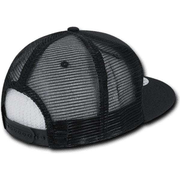 A black high-profile structured trucker cap featuring a mesh back and an adjustable strap. Includes a logo.
