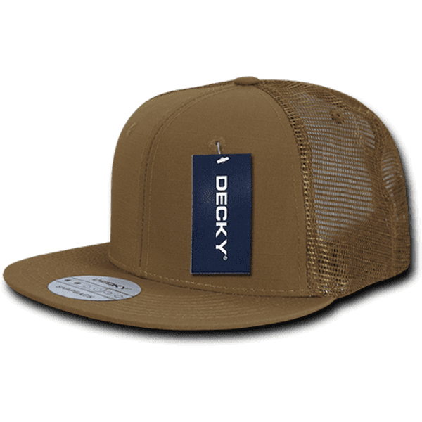 A brown 6 panel high pro ripstop trucker cap with a mesh back and a tag attached.