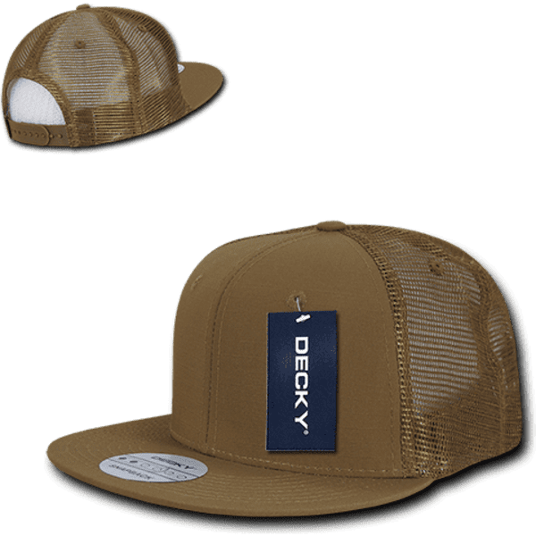 A high-profile structured trucker cap in brown with a mesh back and a logo on the front.
