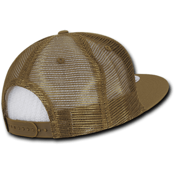 A high-profile structured trucker cap in brown with a mesh back and adjustable strap.
