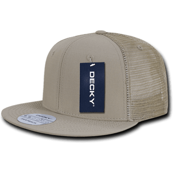 A tan 6-panel high pro ripstop trucker cap with a mesh back and a tag attached.