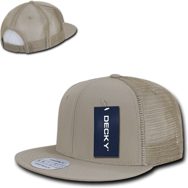 A high-profile structured trucker cap in tan with a mesh back and a logo tag.