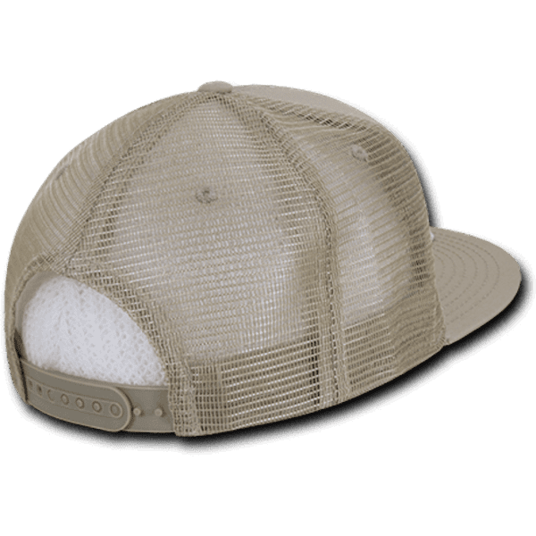 A beige structured trucker cap featuring a mesh back and adjustable snap closure. It has a logo on the side.