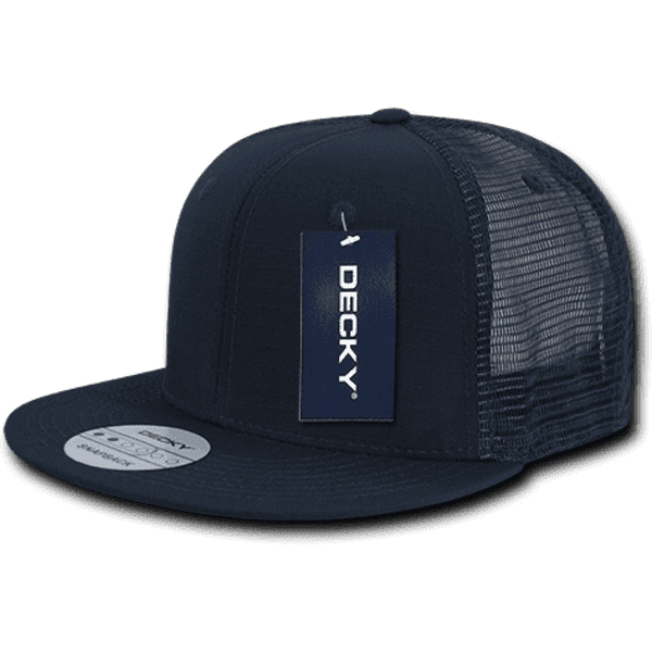 A navy six-panel trucker cap with a mesh back and a tag. It features a flat brim and a logo.