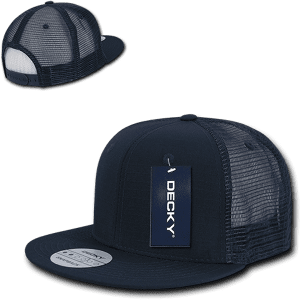 A navy blue 6 panel high profile structured trucker cap with a mesh back and a logo tag.