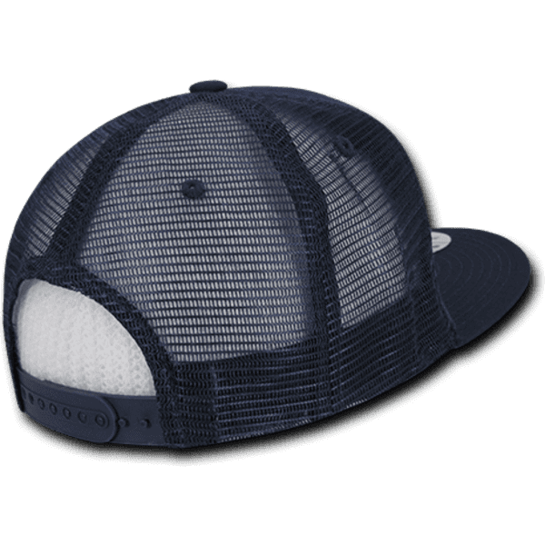 A navy blue high-profile structured trucker cap with a mesh back and adjustable strap. Features a logo.