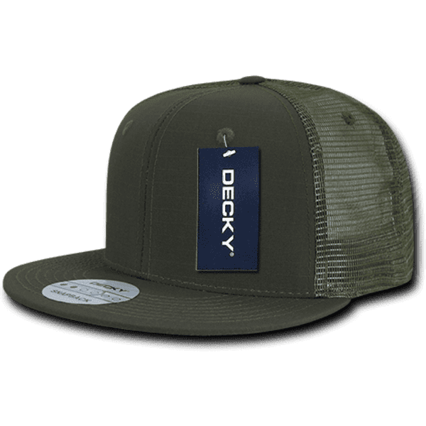 A high-profile, olive green trucker cap with a mesh back and a branded logo tag.